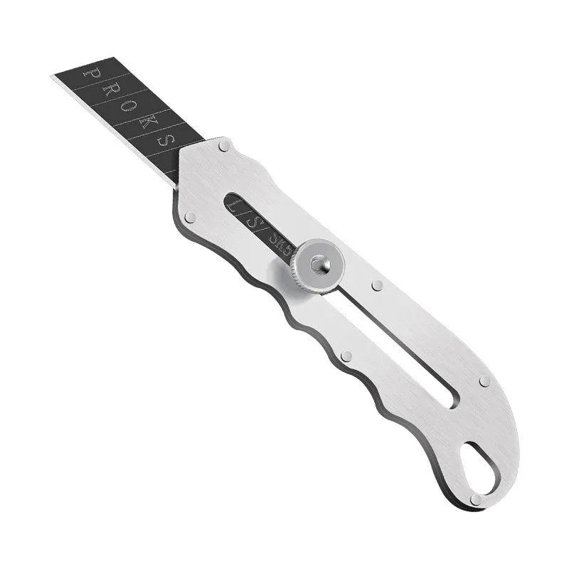 Stainless steel folding utility art knife with black blade and included long and trapezoidal blades