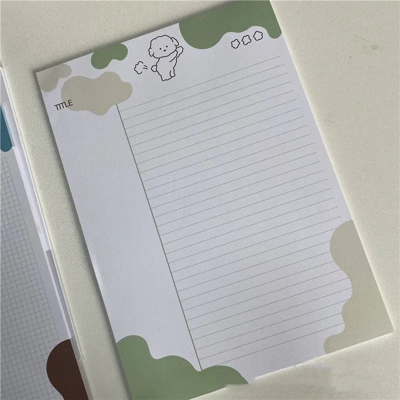 Korean marshmallow dog B5 sticky note pad with purple grey blue and orange puppy designs on paper