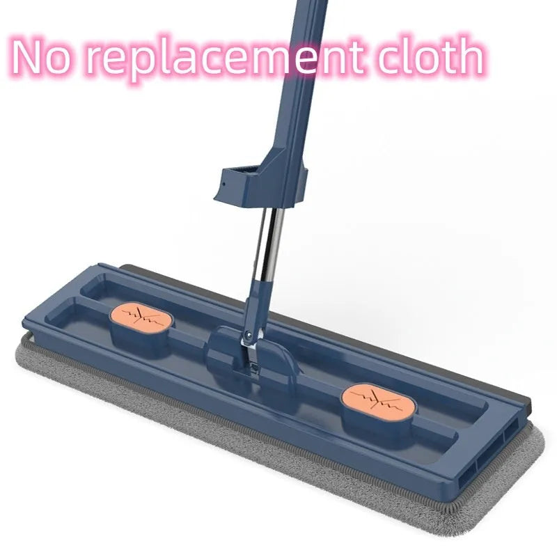 Large flat mop with long stainless steel handle and blue cleaning cloth on a hard floor.