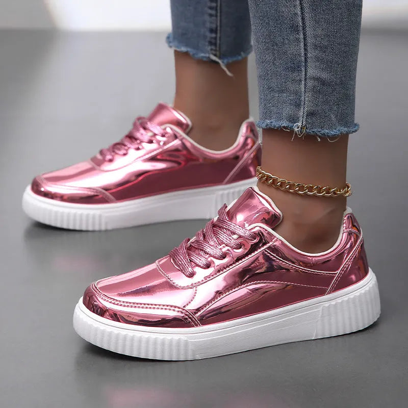 Rose gold and gold sequin platform sneakers with thick soles and round toe design
