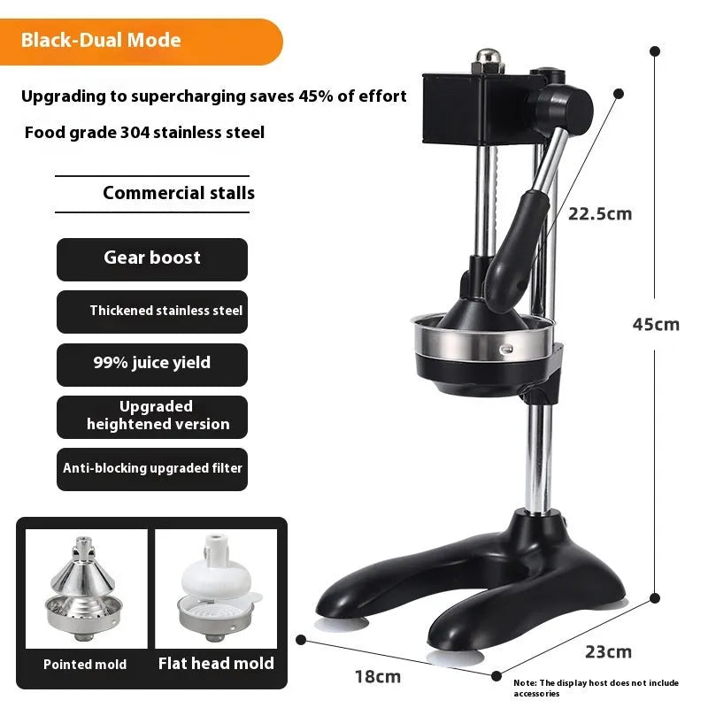 Vertical stainless steel manual juicer on zinc alloy base, showing colour and head style options.