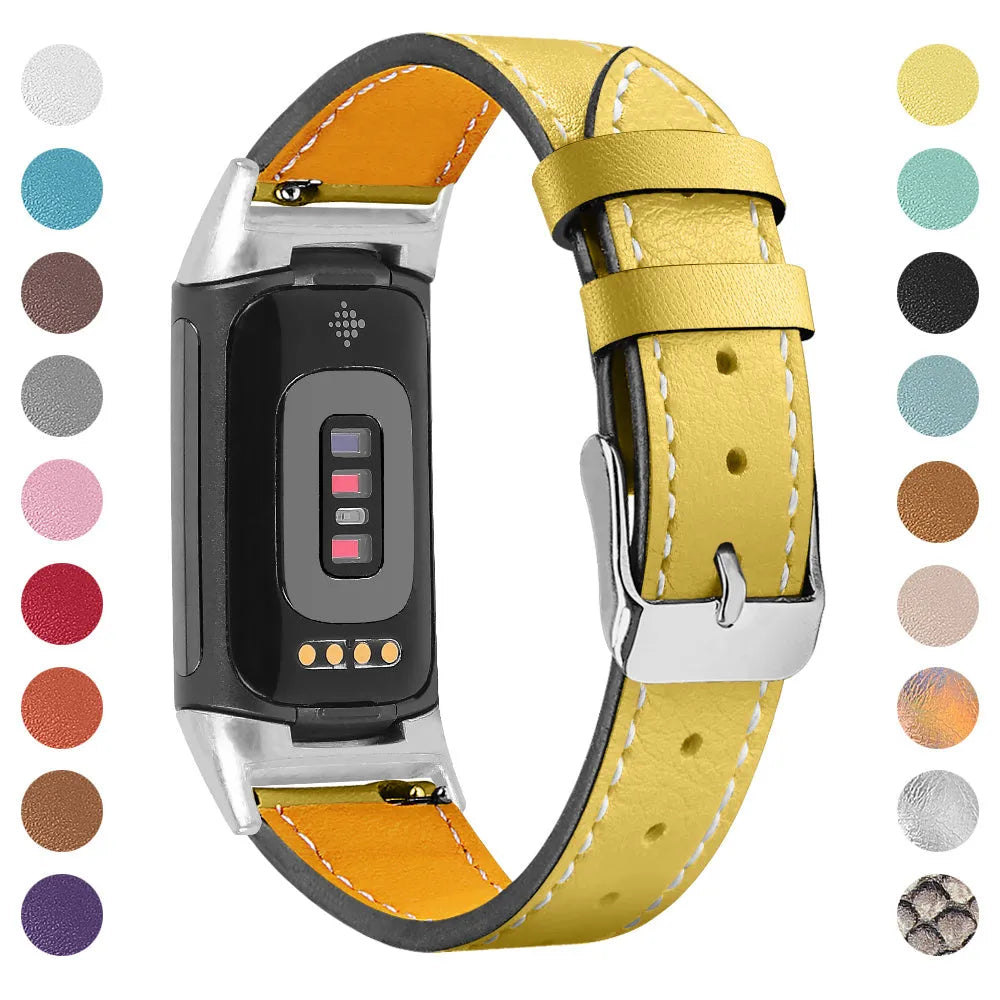 Genuine leather replacement strap for Fitbit Charge 5 and Charge 6 smartwatches in multiple colour options.