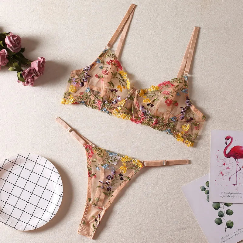 Floral bra set with steel ring T-back in polyester mesh fabric showing 3/4 moulded cup design