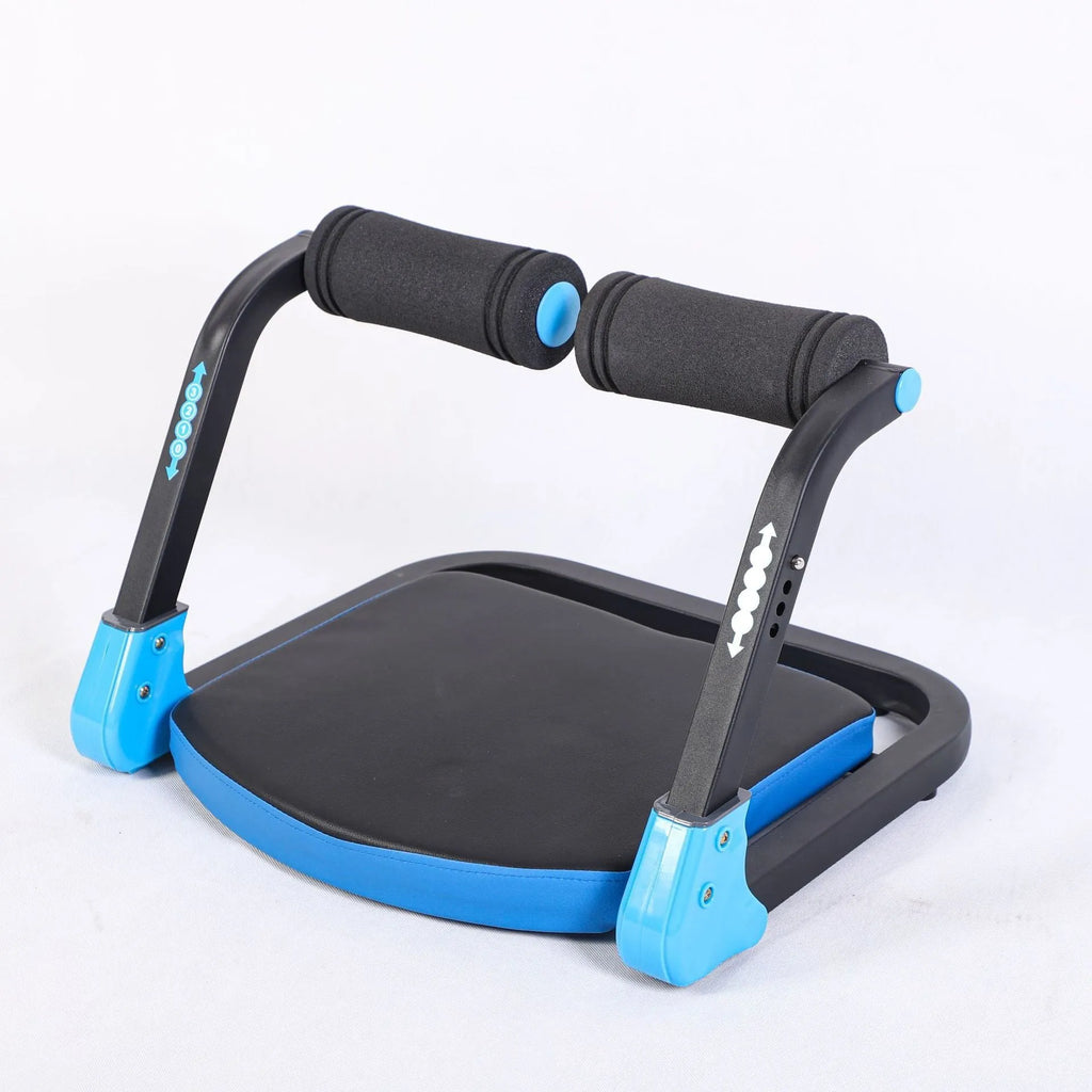 Sky blue and red coloured mini multifunctional abdominal fitness device on a white background.