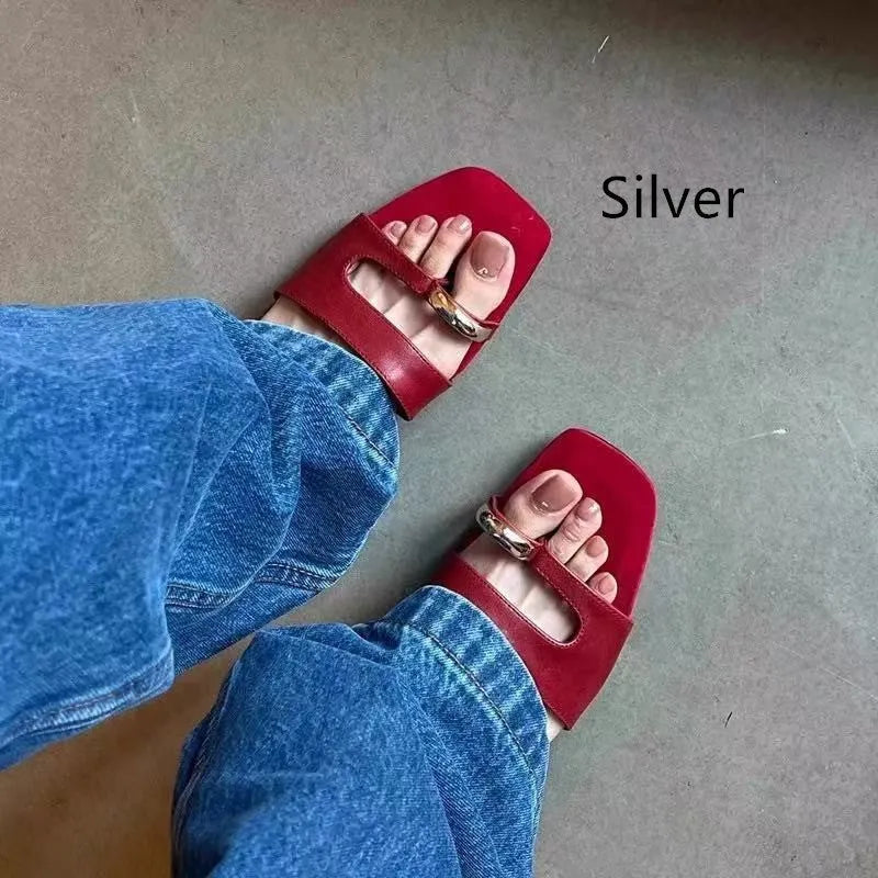 Plus size outdoor leather slippers with square head design in black, red, silver, and white colours
