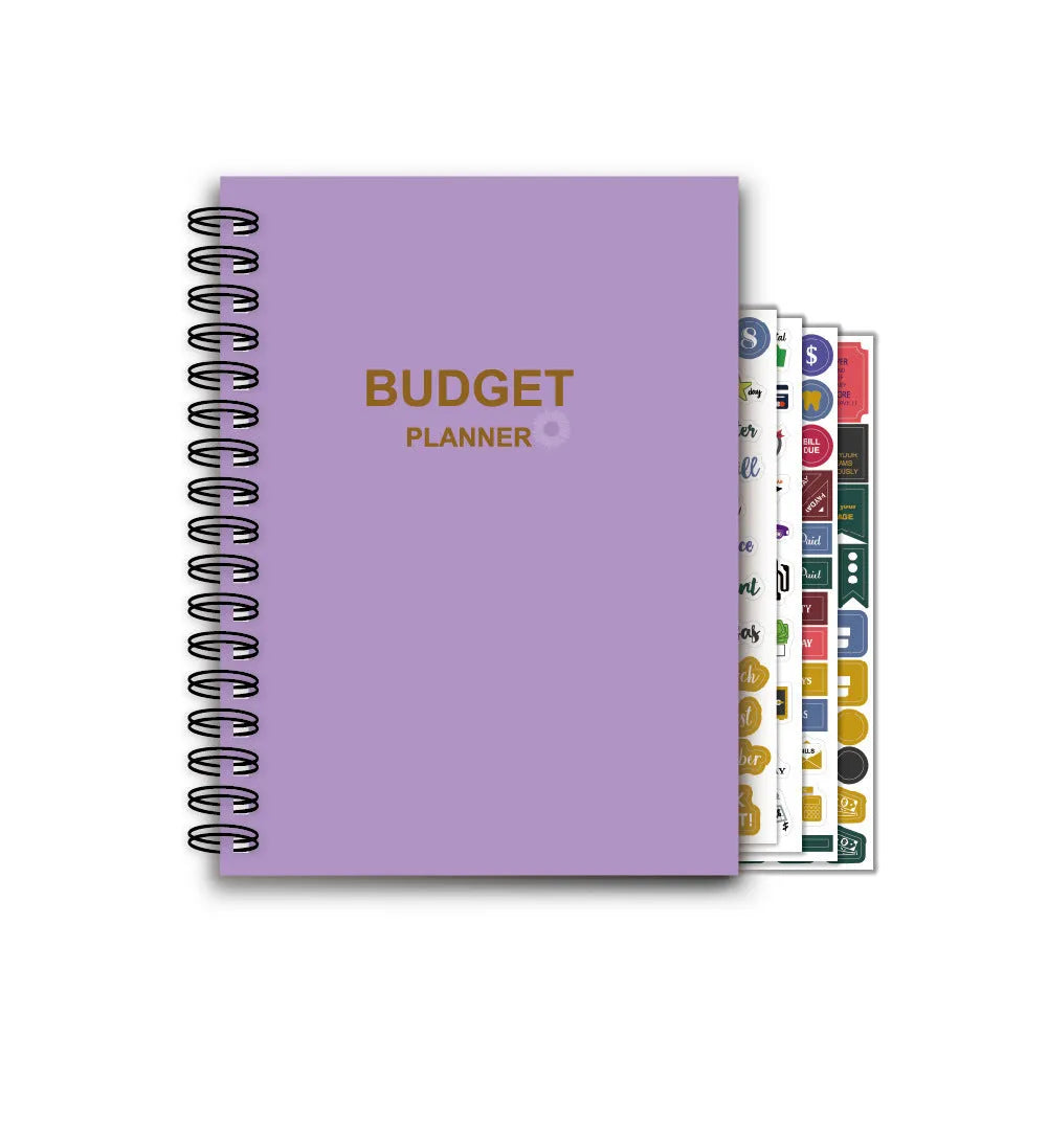 J12 purple coil-bound financial planning notebook with pen, stickers, and paper clips