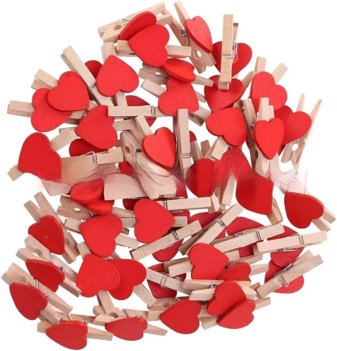 Five handmade wooden heart-shaped clips in red, white, and rose red on a plain background.
