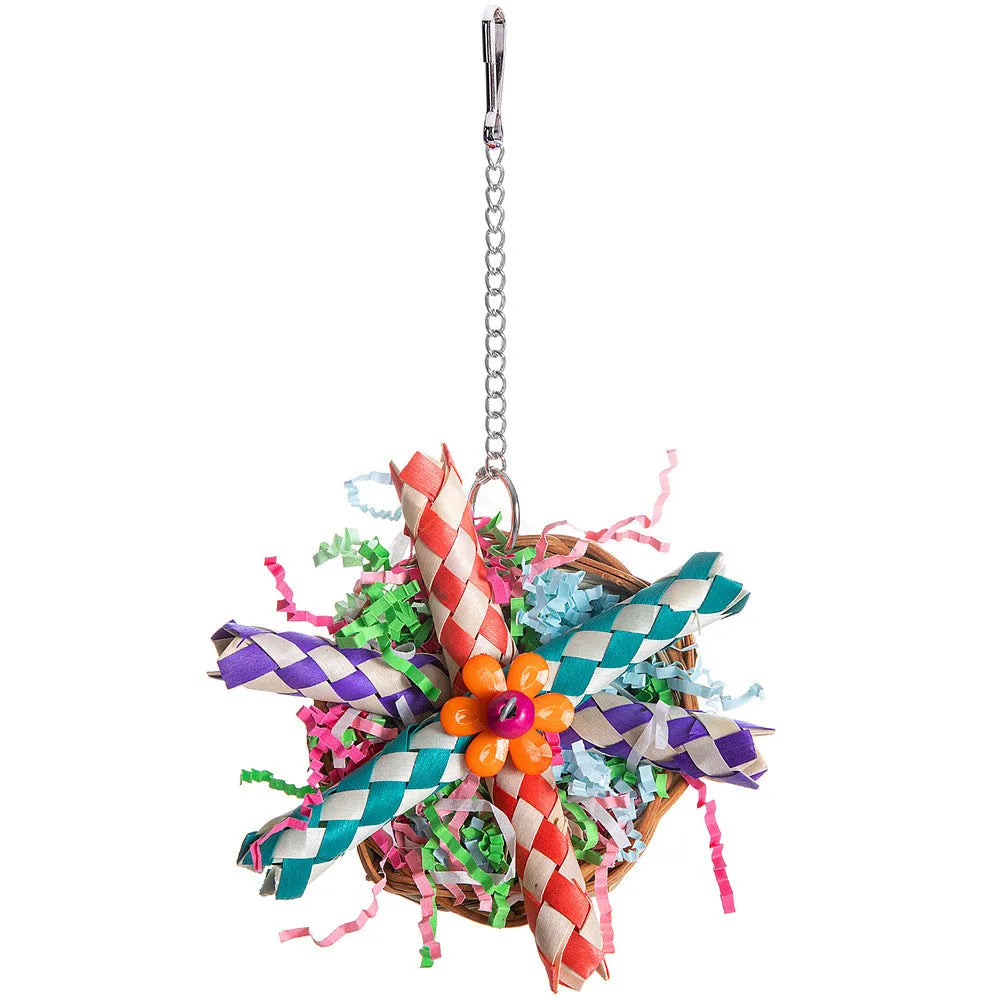 Parrot chewing toy with colourful plastic components and metal hanging chain for cage attachment