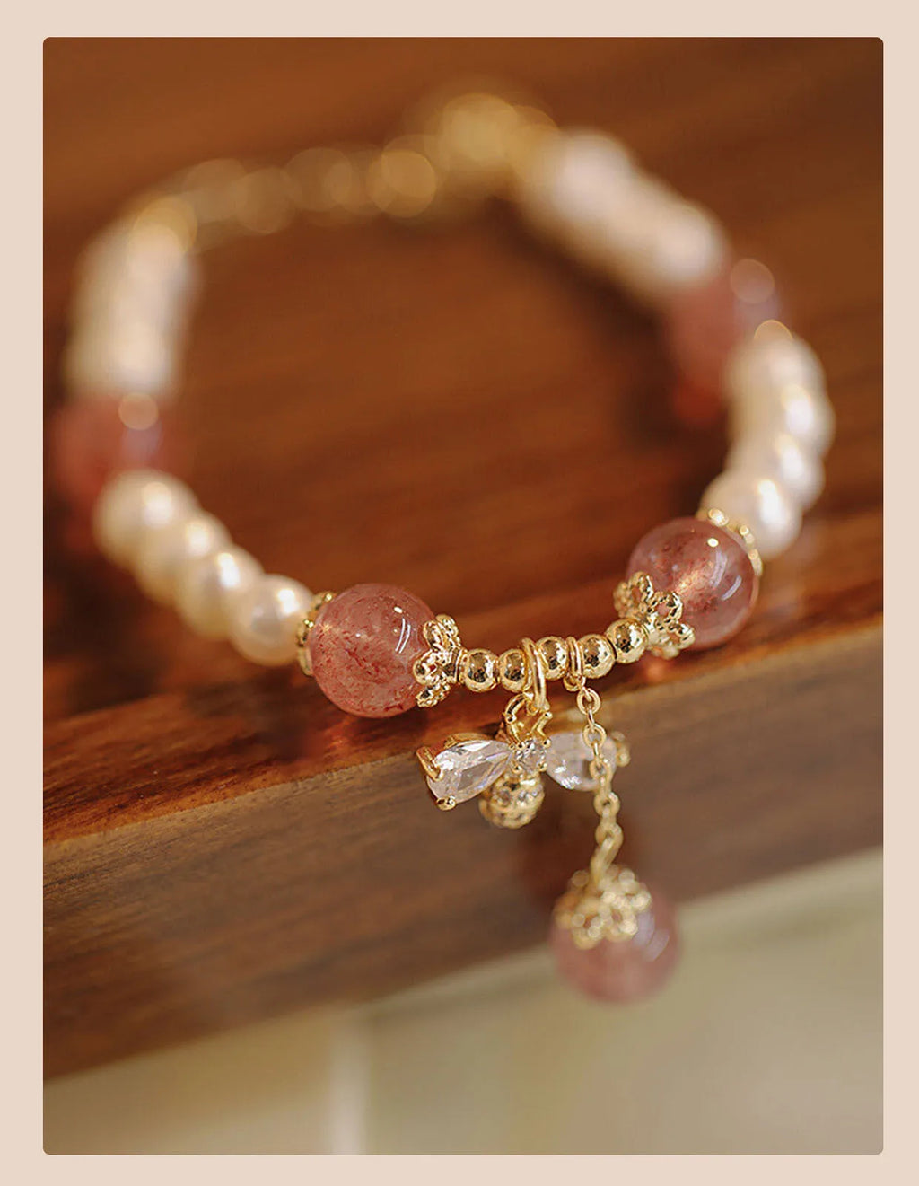 Women's Strawberry Quartz crystal bracelet with hand-stringed pearls and bow decoration in INS summer style