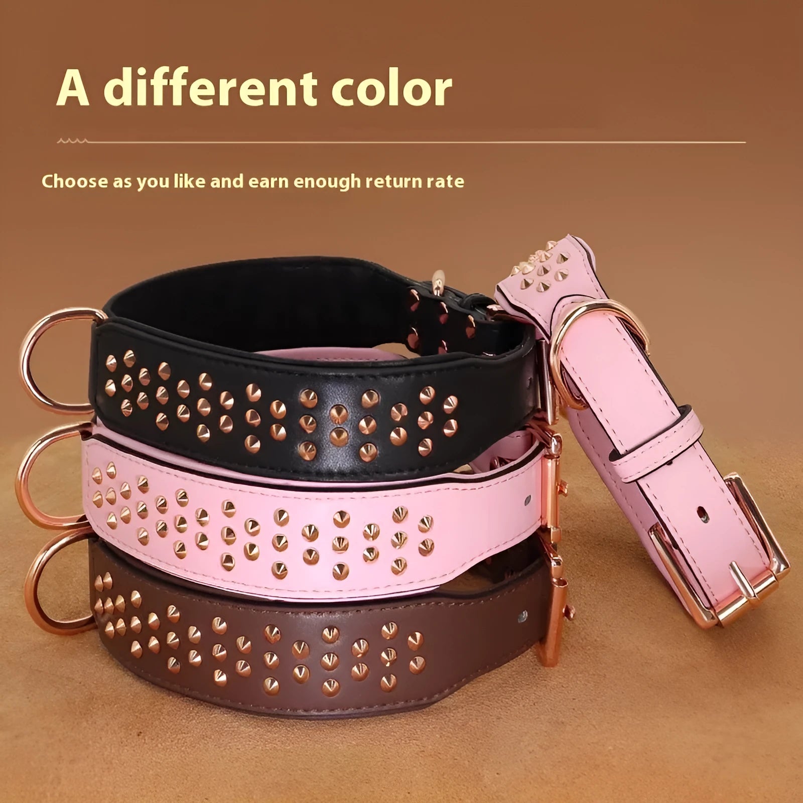 Leather dog collar in chocolate colour with visible rivets, shown on a large dog.