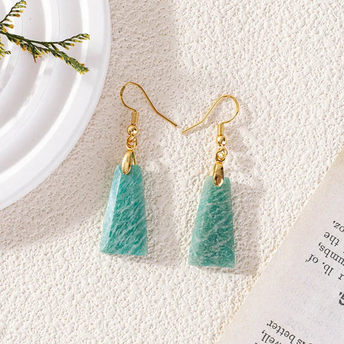 Amazonite rough stone trapezoid earrings in geometric design with gold or silver finish