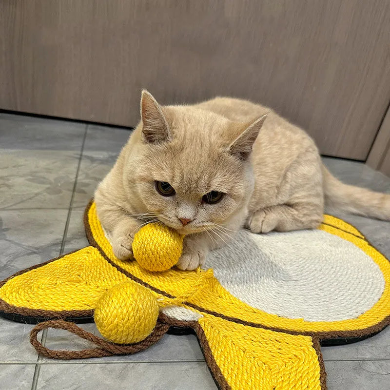 Yellow cat scratching pad with Corgi dog butt design, made from natural sisal with an anti-slip base.