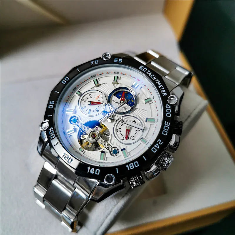 Men's automatic mechanical watch with stainless steel case on wrist, showing multi-functional dial.