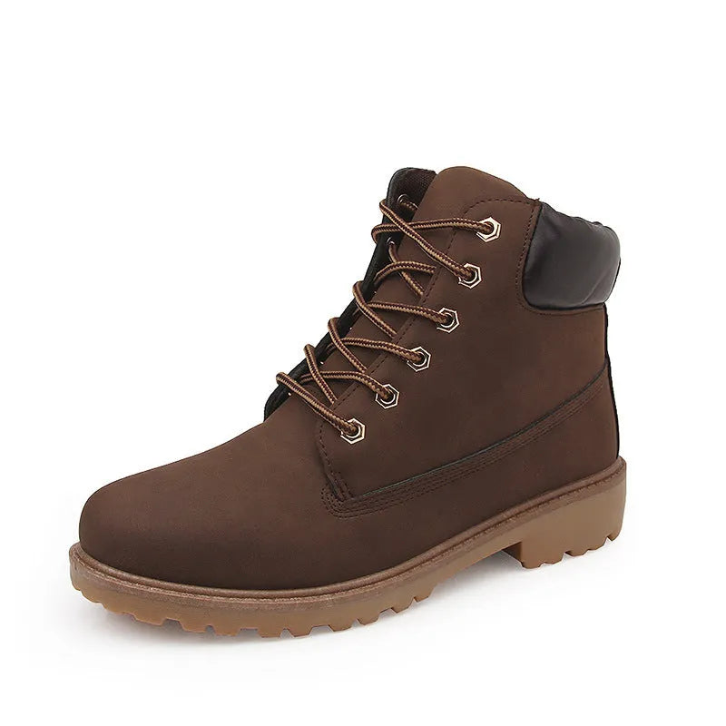 Pink men's high-top Martin boots with velvet lining, round toe, and front lace-up closure.