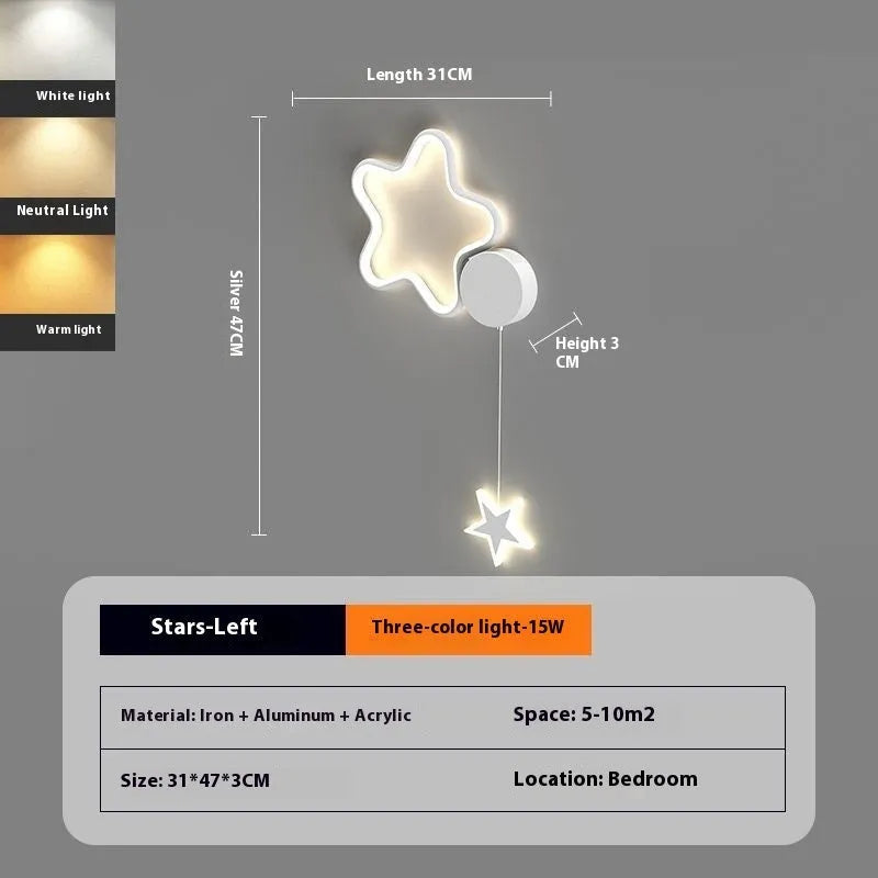 Children's bedside wall lamp with cloud and star design in black finish showing three-colour LED illumination