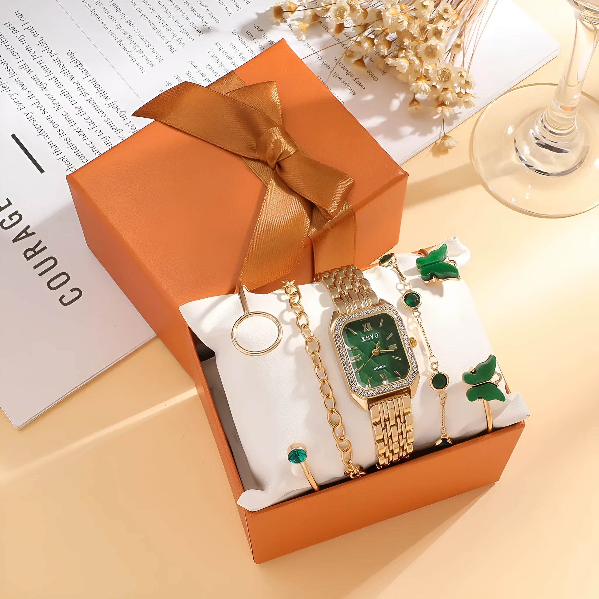 Gold green square women's watch with four matching bracelets, alloy case and jewellery buckle