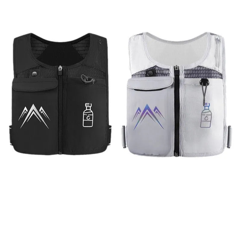 Black breathable mesh running vest with phone compartment and optional hydration flask for outdoor sports