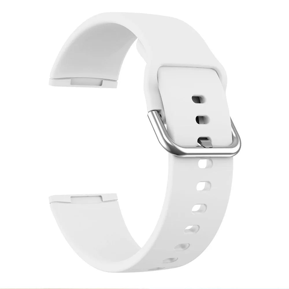 Silicone watch strap with silver buckle for Fitbit Versa 3 and Sense 2 in multiple colour options.
