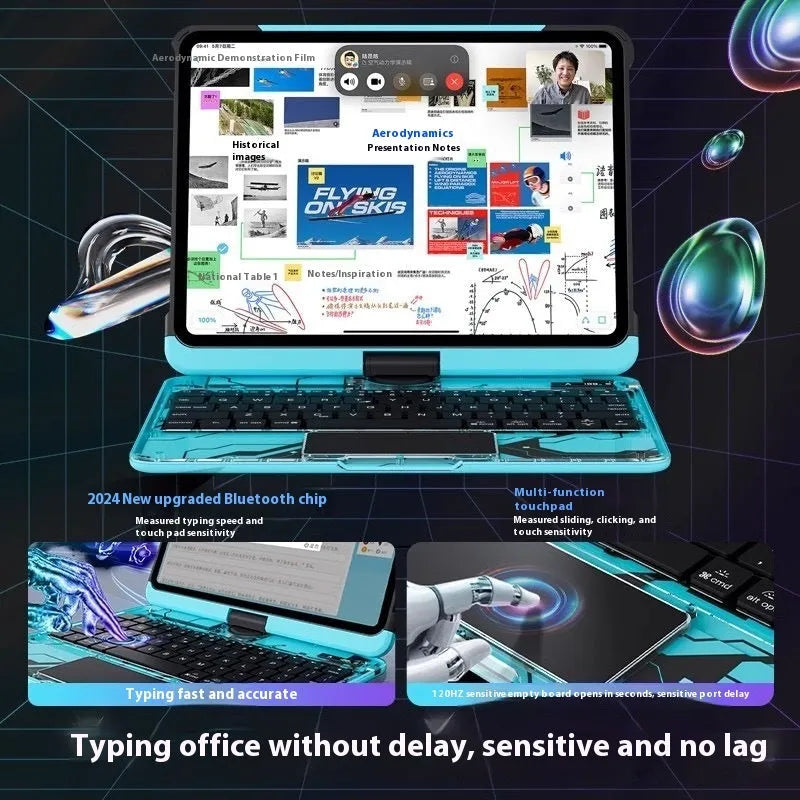 Blue PC protective case for iPad Pro 13-inch with Miaocontrol keyboard, showing mute button.
