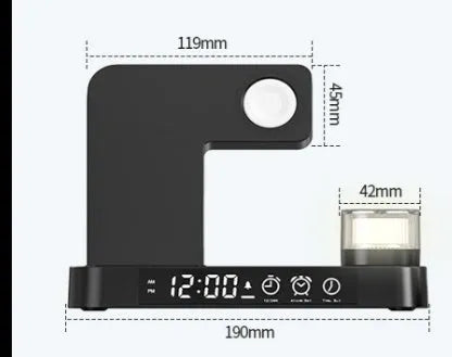 White foldable wireless charging station showing phone charging pad, watch charger, alarm clock display and RGB night light