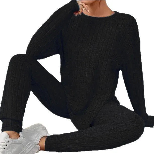 Sunken stripe fashion casual polyester two-piece homewear set in black or blue colours