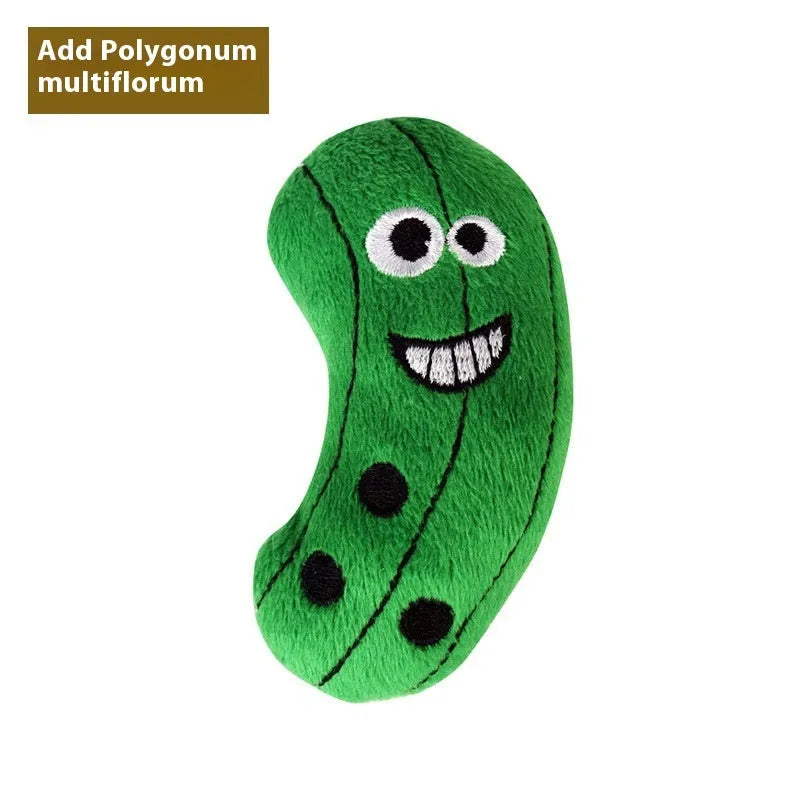 Catnip plush pillow containing wooden insert for cat dental chewing, available in six shapes