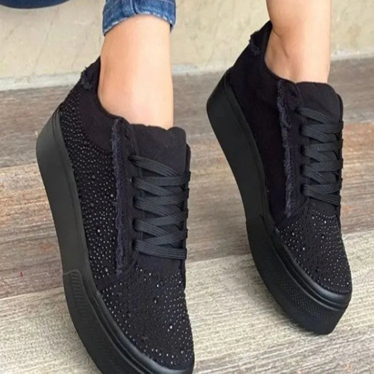 Plus size women's black lace-up casual shoes with rhinestone decoration and thick rubber soles