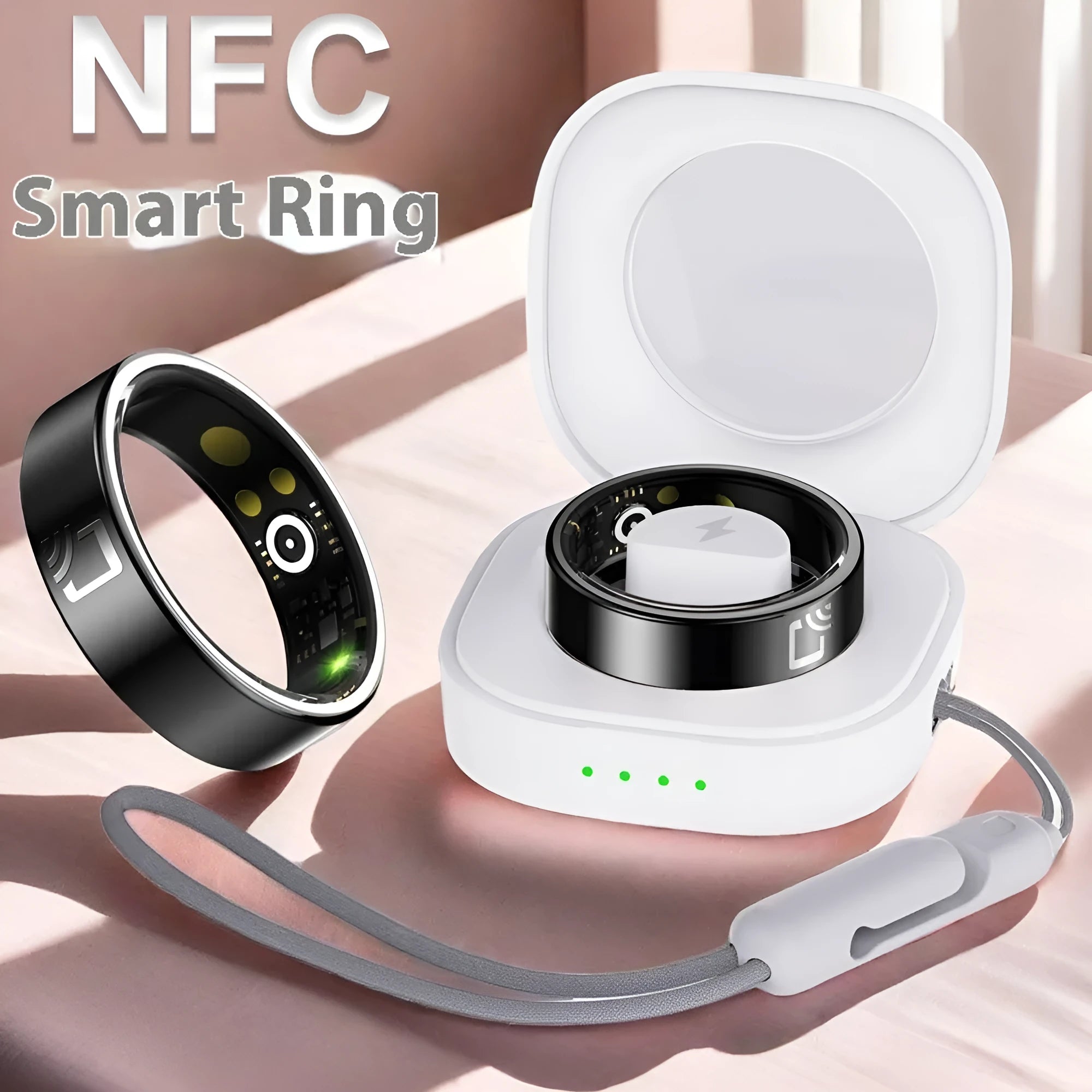 Black ceramic smart ring for health monitoring on a finger