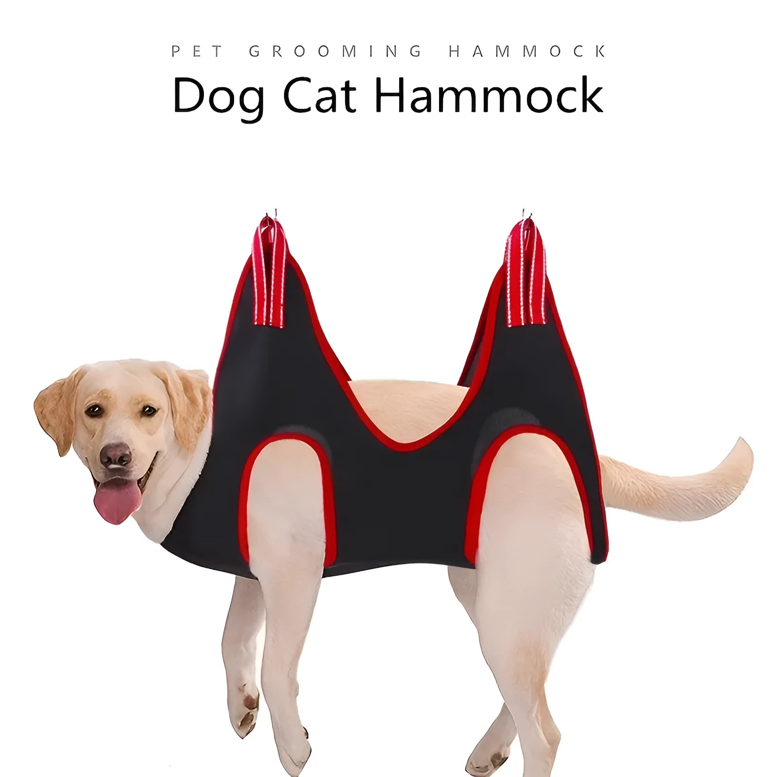 Blue pet grooming hammock restraint bag with mesh panels and elastic straps hanging from a door.