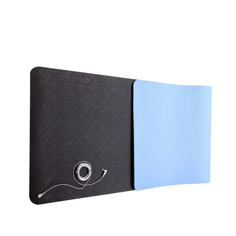 Blue conductive yoga mat with floral pattern, 182cm length, 5mm thickness, and grounding wire