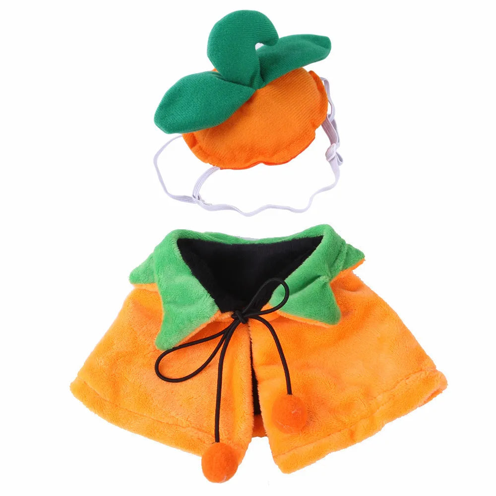 Orange plush Halloween cloak for dog with detachable hood, shown with size options