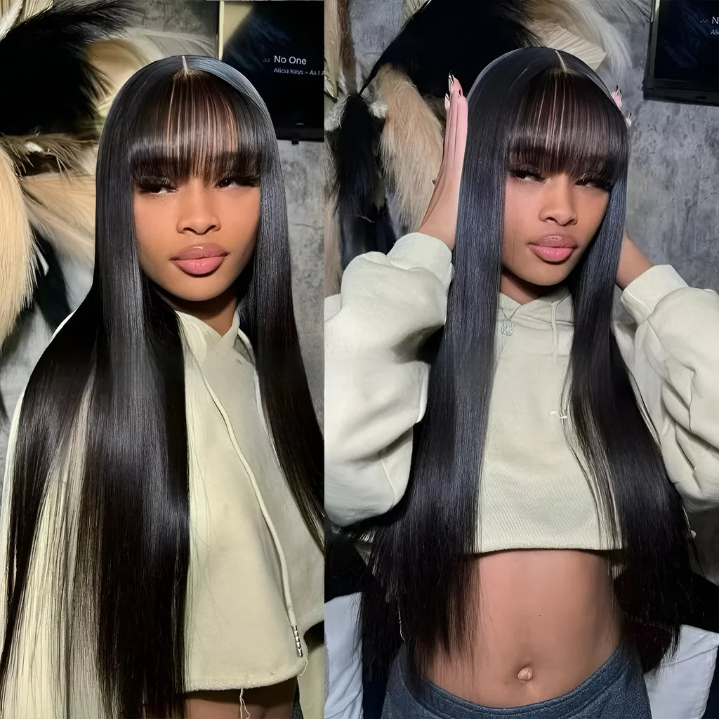 Full-mechanism straight fringe human hair wig in natural colour without lace front