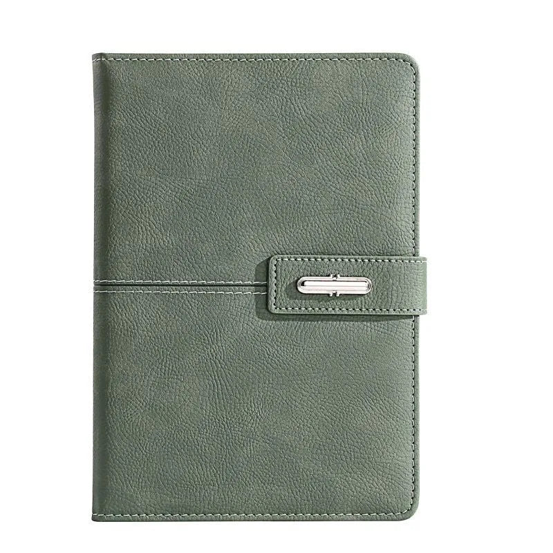 Custom A5 notebook with PU leather cover in selected colour, lying open on wood-free paper pages.