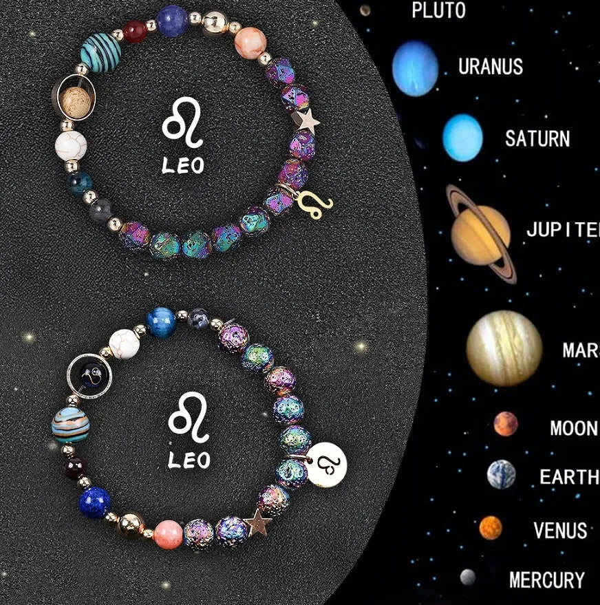 Set of two natural stone beaded bracelets with metal zodiac charms on an elastic cord.