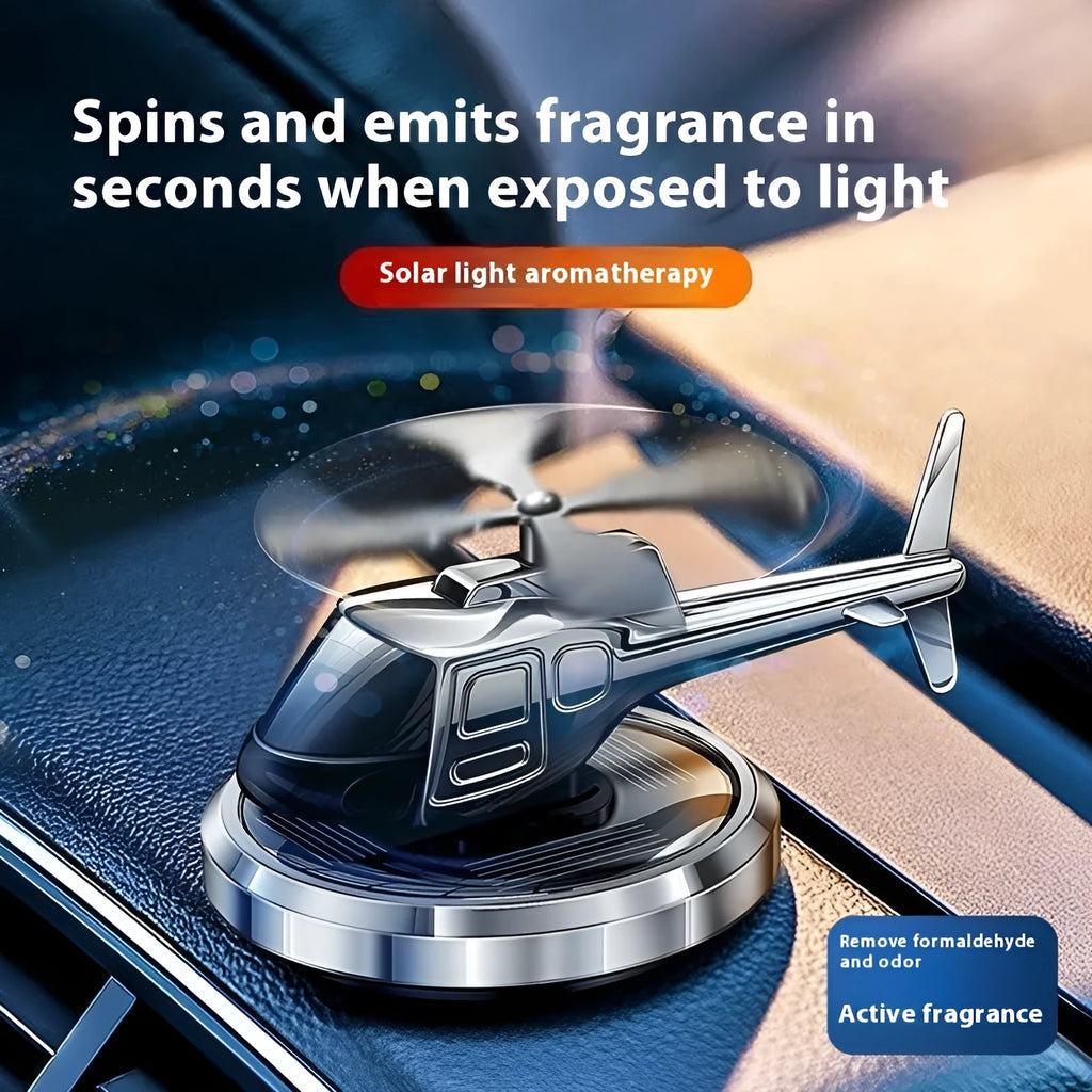Metal solar helicopter car perfume rotating on dashboard in silver black or blue