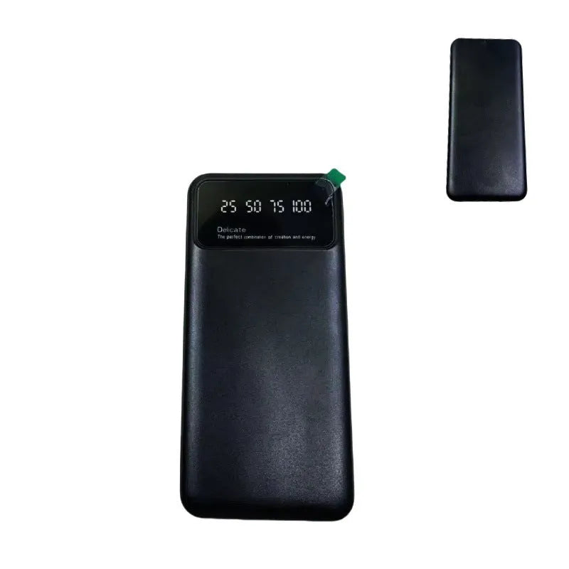Black ultra-thin power bank measuring 67x14x140mm with 10000mAh capacity
