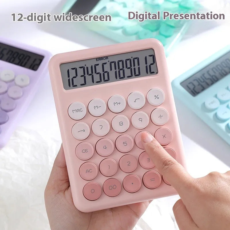 Desk calculator with gradient colour finish and 12-digit solar-powered display.