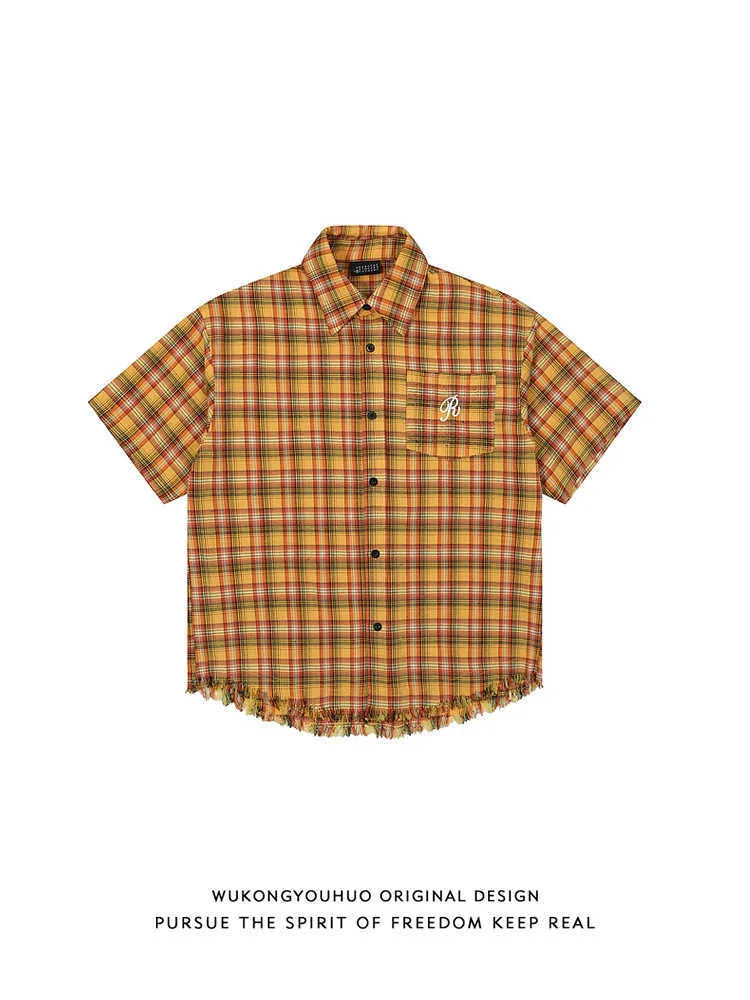 Yellow grid plaid short sleeve shirt with embroidery pocket detail in loose fit