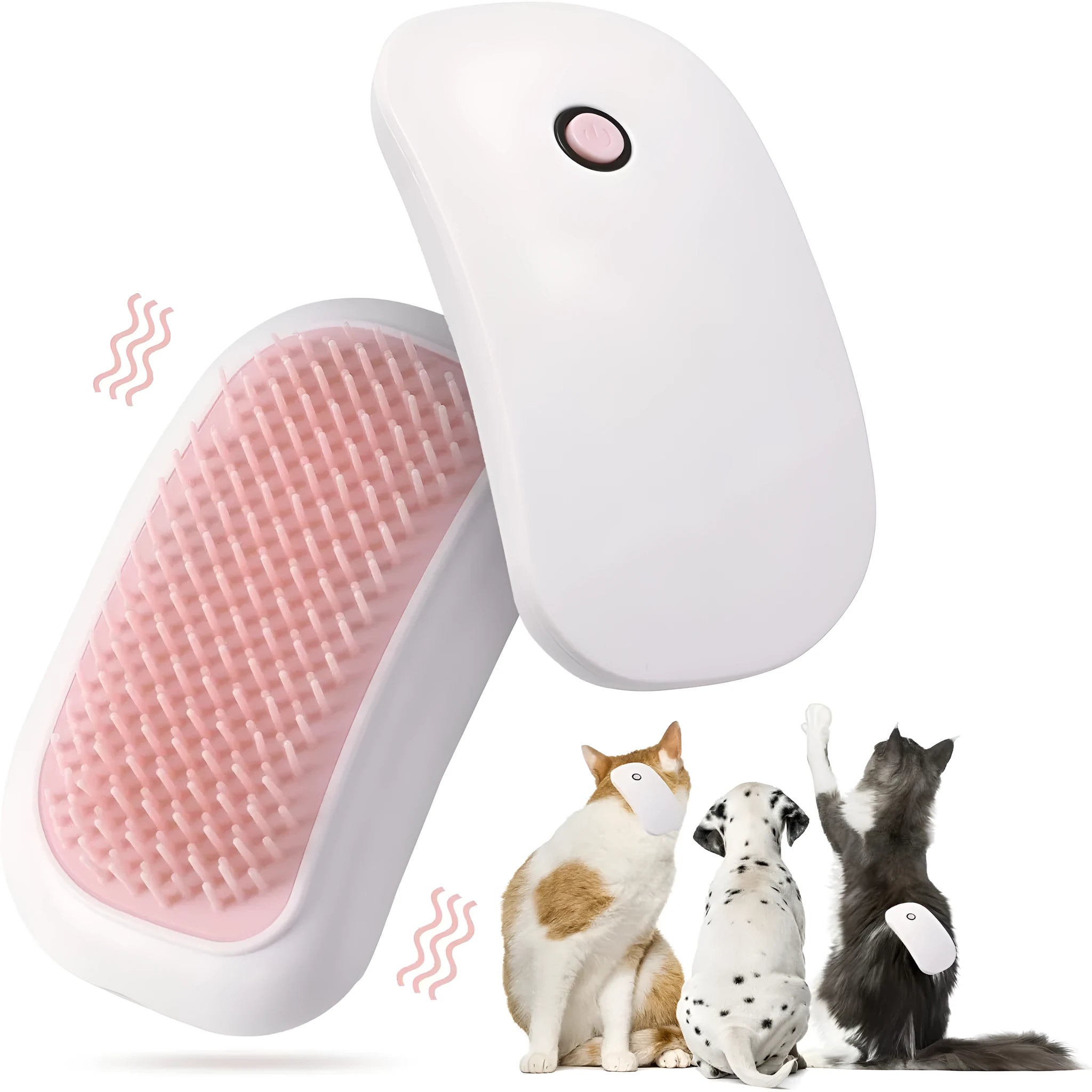 Handheld pink and white electric pet massage brush for cats and dogs on a table.