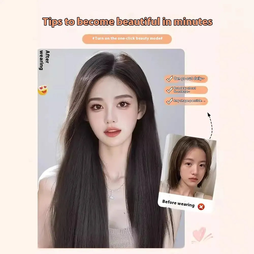 Forehead lace long straight black wig with side bangs in high temperature fibre material