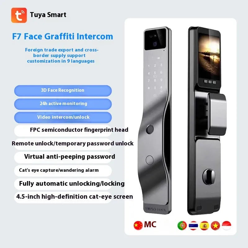 F7 face recognition fingerprint password smart door lock in aluminium alloy housing with electronic keypad