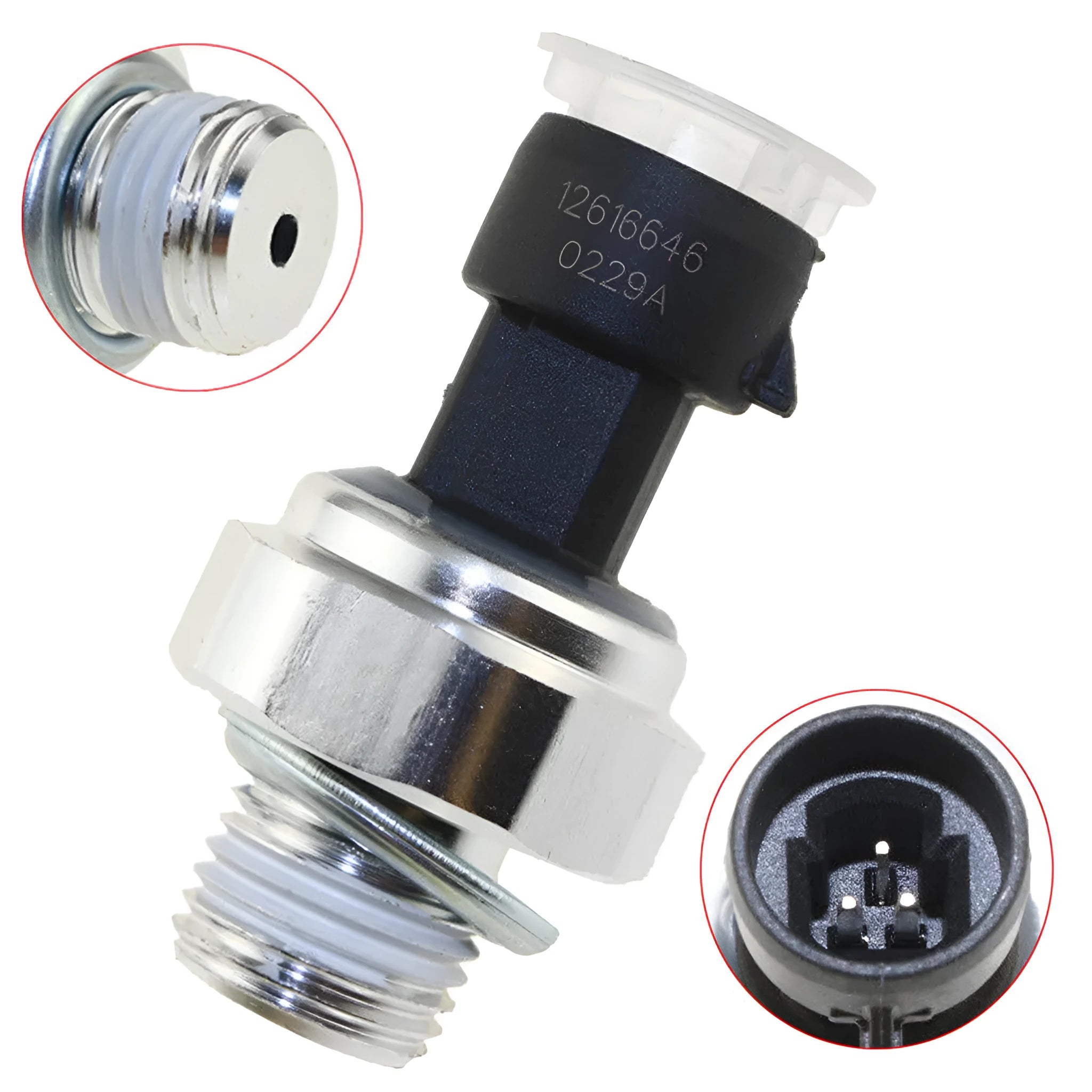 Oil pressure sensor for Buick and Chevrolet cars with visible GM part numbers.