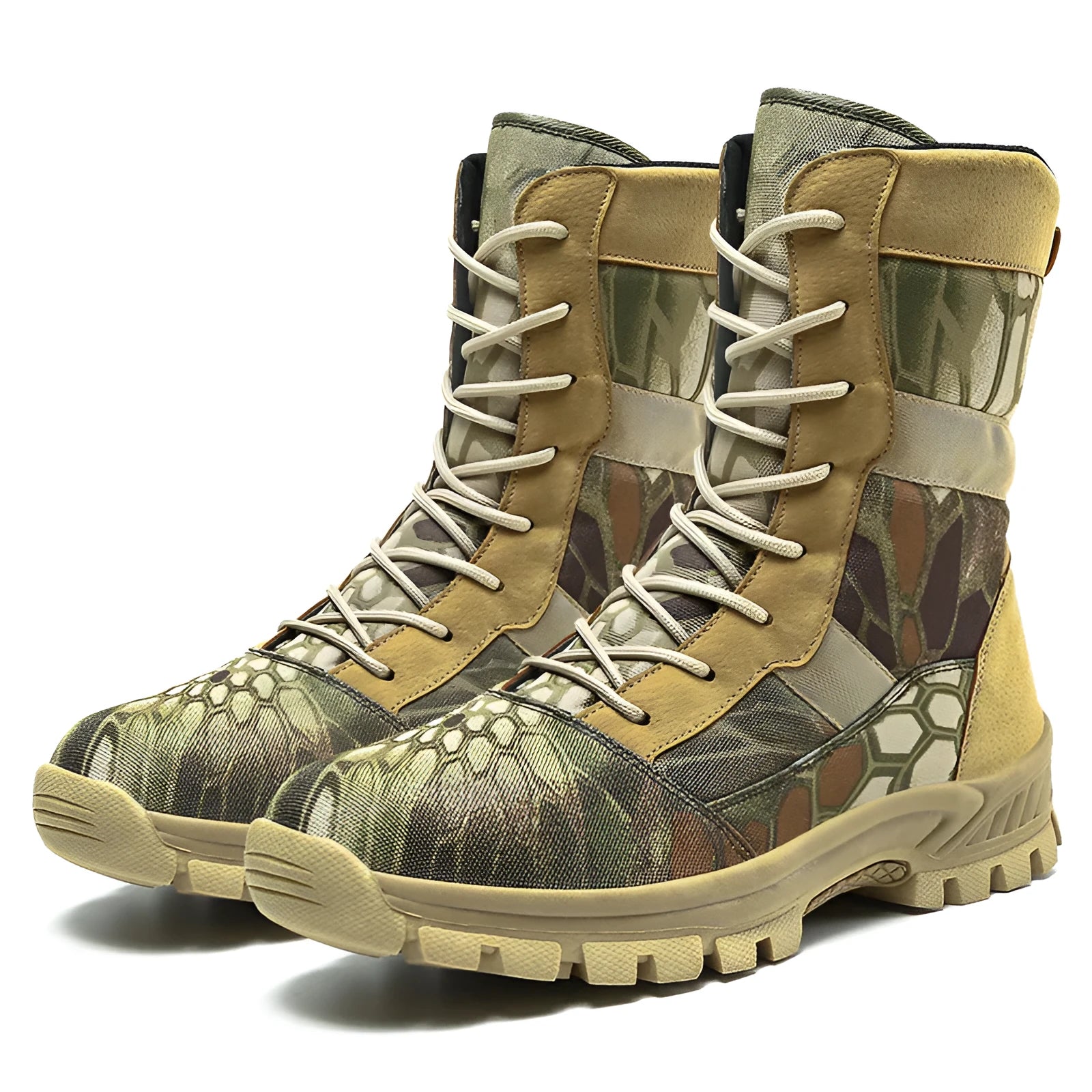 Men's black high-top combat boots with mesh upper and totem pattern detailing