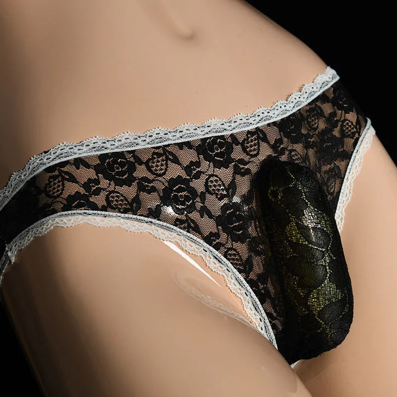 Men's lace underwear briefs with vertical pouch design in black colour