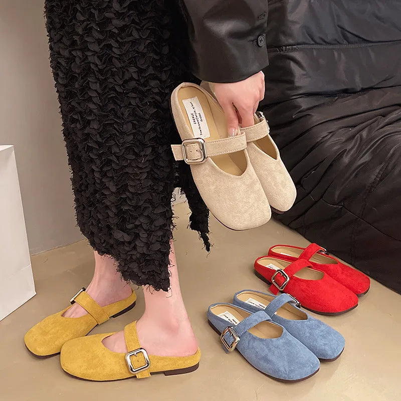 Women's flat closed toe half slippers in square head design with PU upper and rubber sole