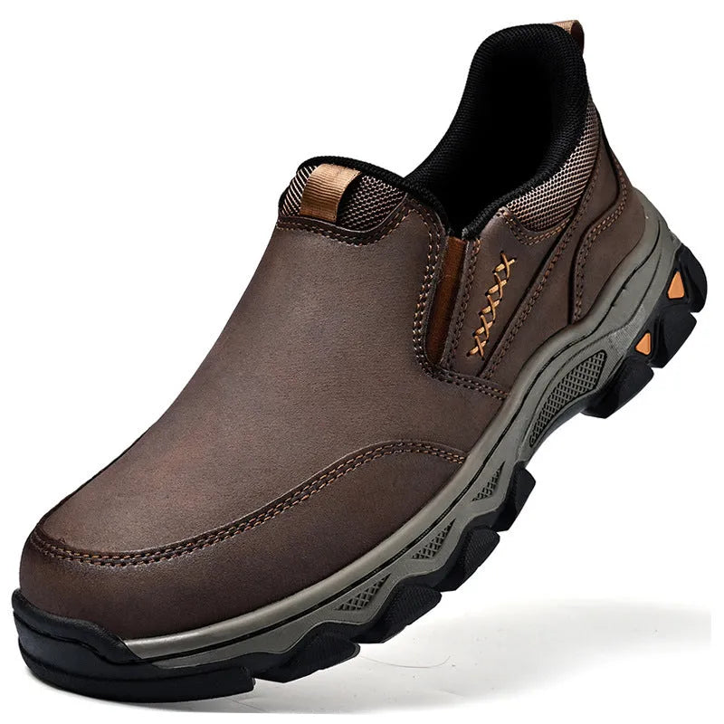 Men's casual shoes with rubber soles and PU upper in dark brown, black and grey colours