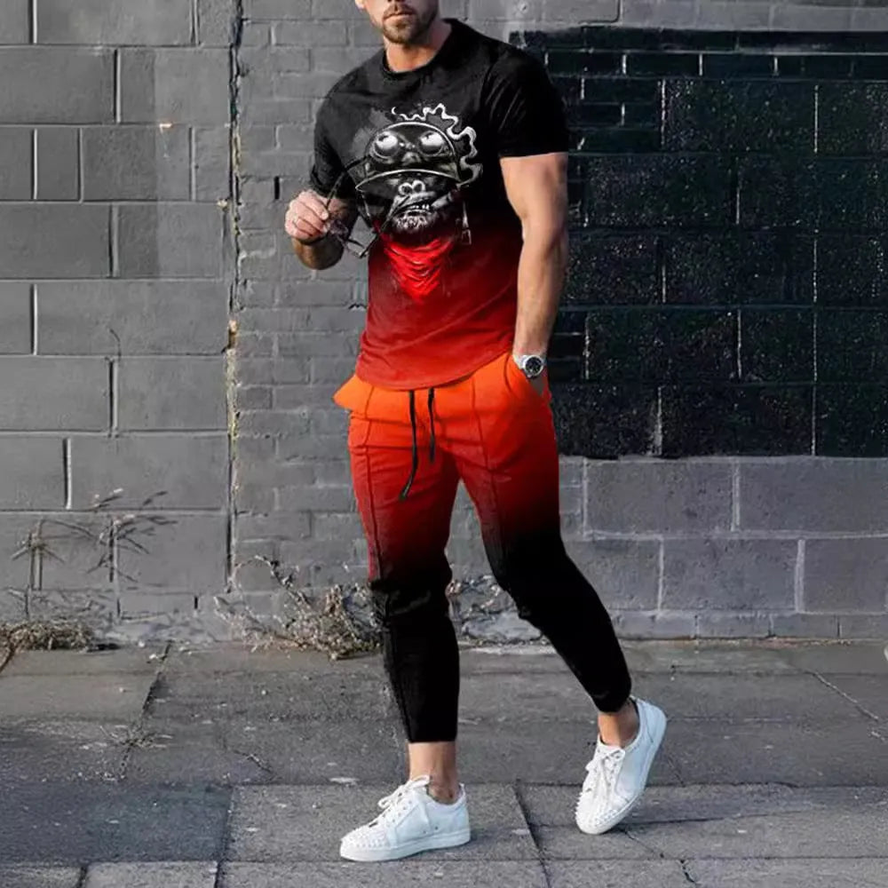Man wearing a blue short-sleeved round neck pullover and matching trousers from a polyester sportswear set.