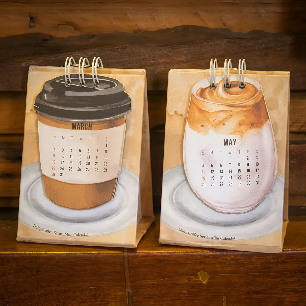 Mini coffee-themed desk calendar for 2025 showing daily pages and simple modern design
