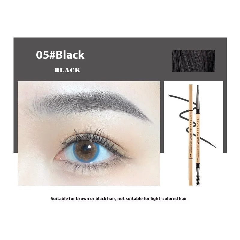 Gold chopsticks design ultra-fine eyebrow pencil in a display of five shades: light brown, kaki brown, dark brown, grey black, and black.