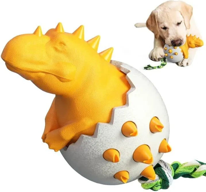 Blue durable rubber dinosaur dog chew toy with nylon rope for aggressive chewers